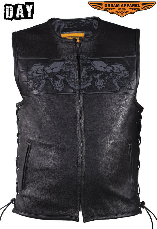 Mens Leather Vest With Reflective Skulls & Conceal Carry Pockets