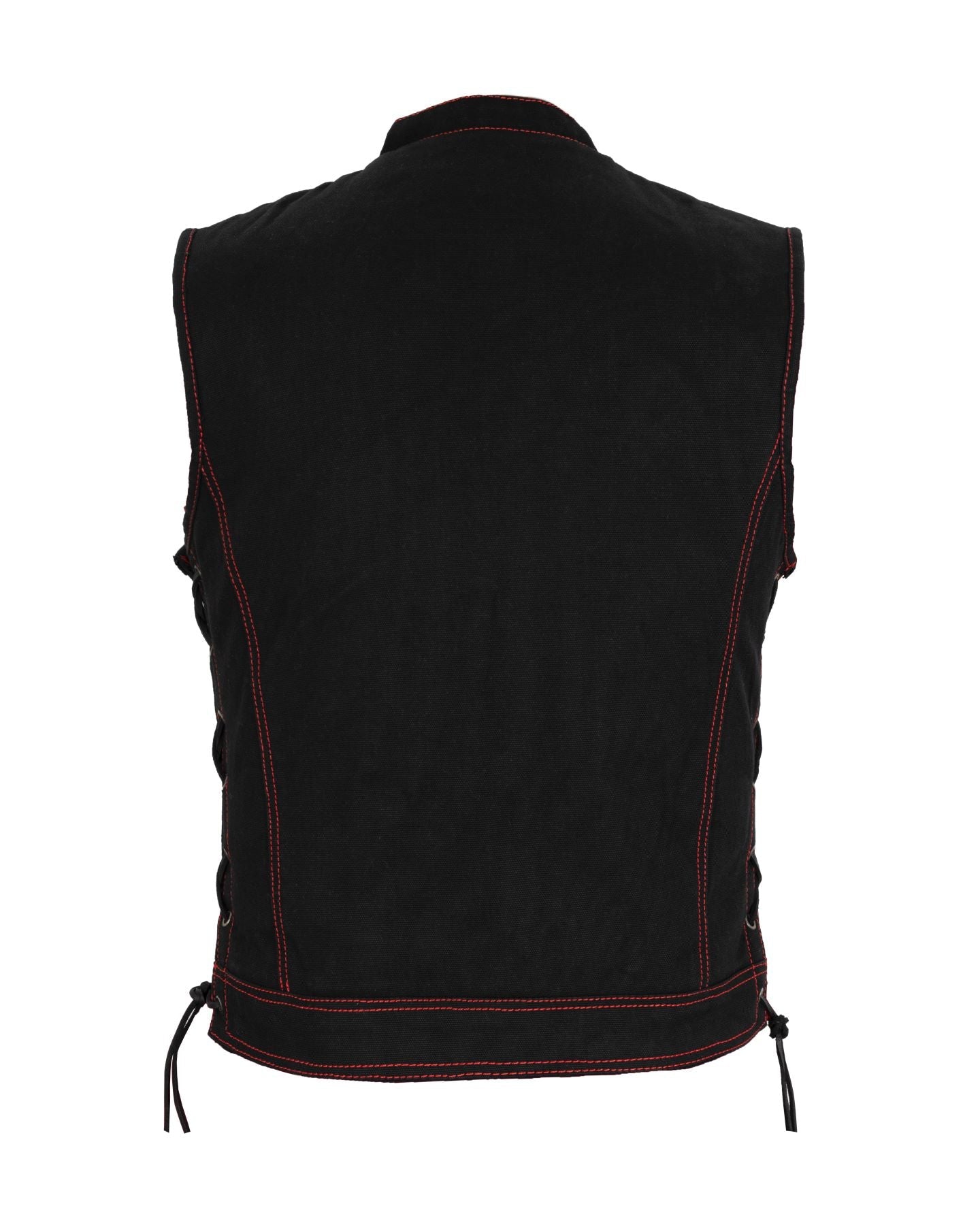 Mens SOA Style Motorcycle Club Vest® Black Denim Conceal Gun Pockets Side Laces Red Thread Red Liner