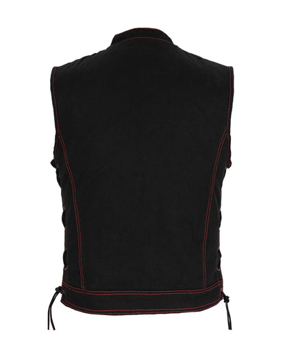 Mens SOA Style Motorcycle Club Vest® Black Denim Conceal Gun Pockets Side Laces Red Thread Red Liner