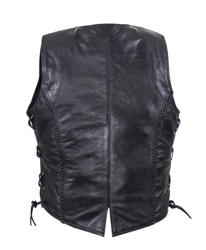 Womens Motorcycle Vest With Braid and Side Laces Conceal Gun Pockets