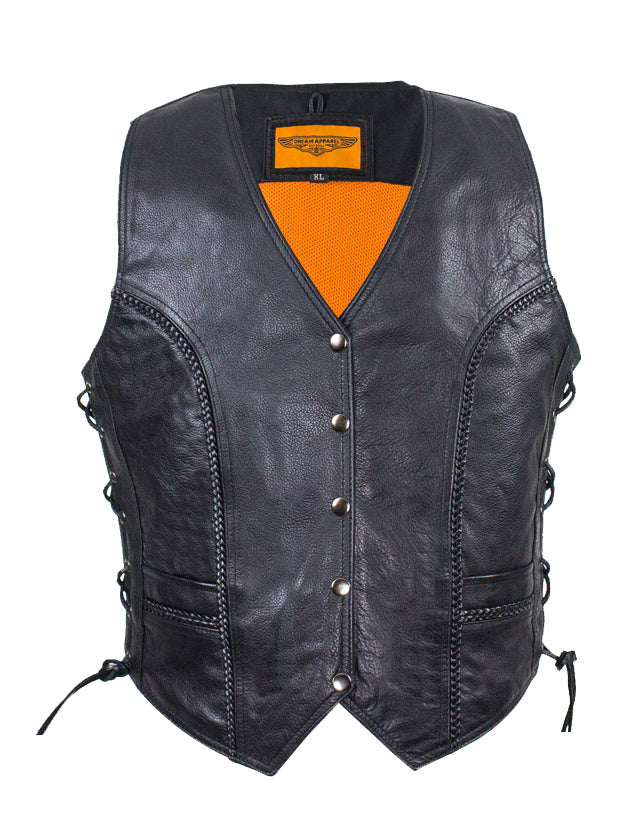 Womens Motorcycle Vest With Braid and Side Laces Conceal Gun Pockets