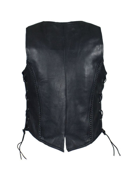 Womens Motorcycle Vest With Braid and Side Laces Conceal Gun Pockets