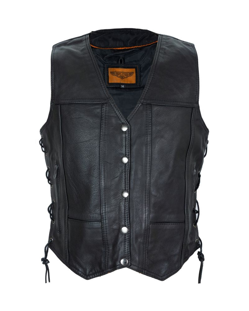 Womens Leather Motorcycle Vest With Concealed Carry Pockets & Side Laces