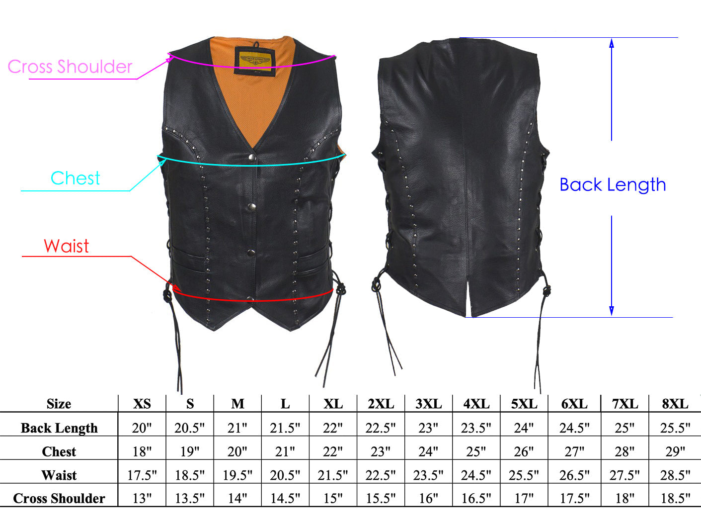 Womens Leather Motorcycle Studded Vest Side Laces