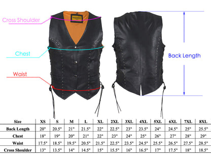 Womens Leather Motorcycle Studded Vest Side Laces