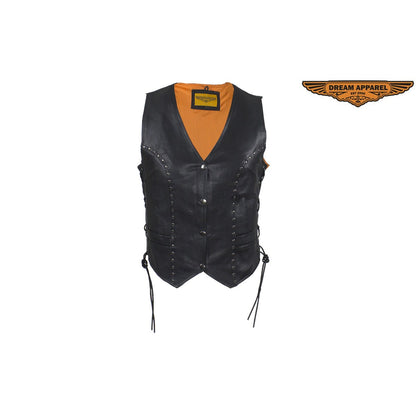 Womens Leather Motorcycle Studded Vest Side Laces