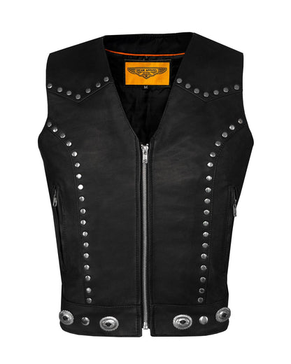 Womens Studded Leather Motorcycle Vest With Concealed Carry Pockets