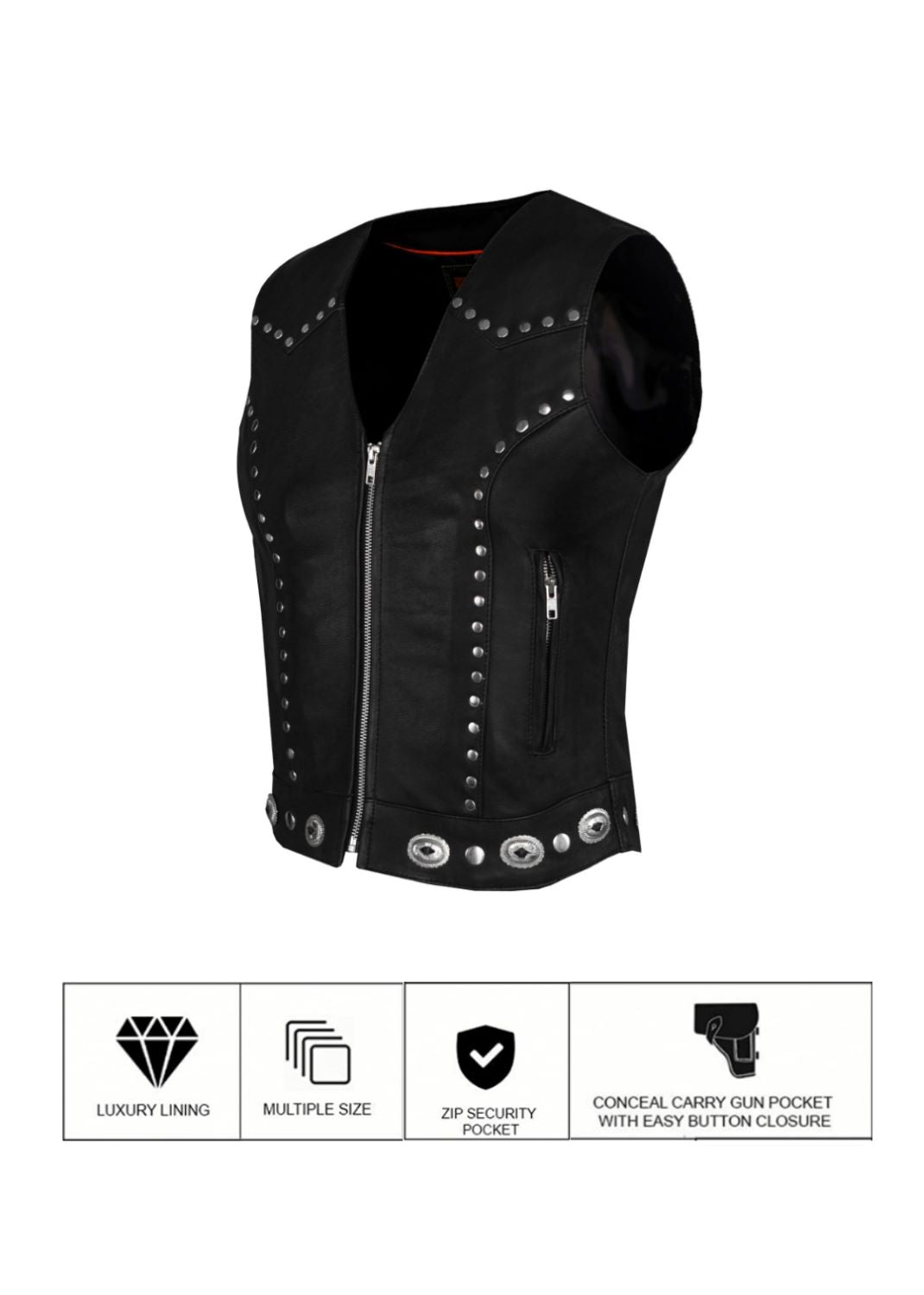 Womens Studded Leather Motorcycle Vest With Concealed Carry Pockets