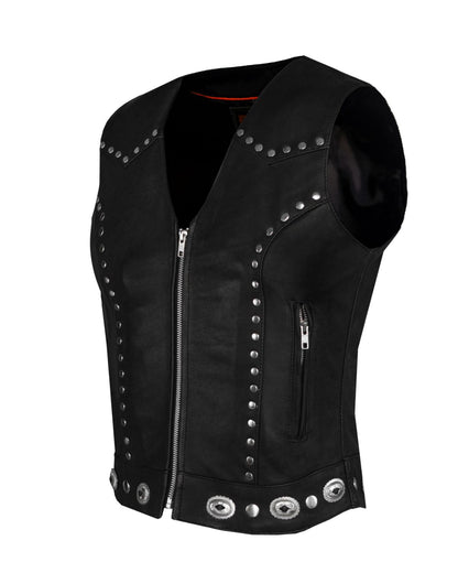 Womens Studded Leather Motorcycle Vest With Concealed Carry Pockets