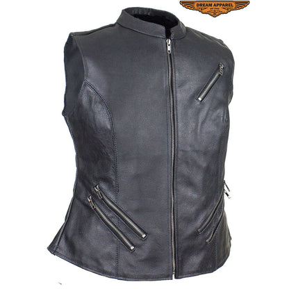 Womens Leather Vest With Two Gun Pockets & Zippered Lower Back