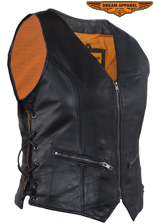 Dream Apparel Womens Leather Motorcycle  Zip Up Leather Vest With Concealed Carry