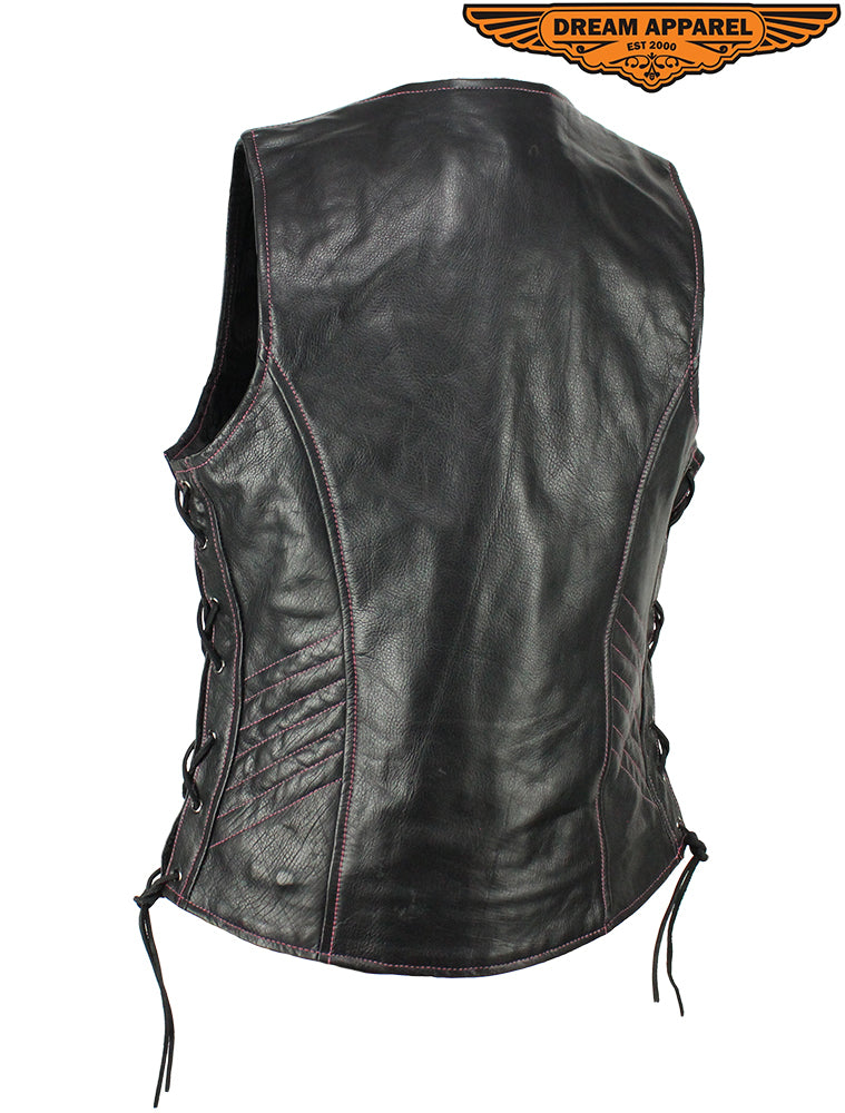 Dream Apparel Women's Naked Black and Pink Motorcycle Leather vest