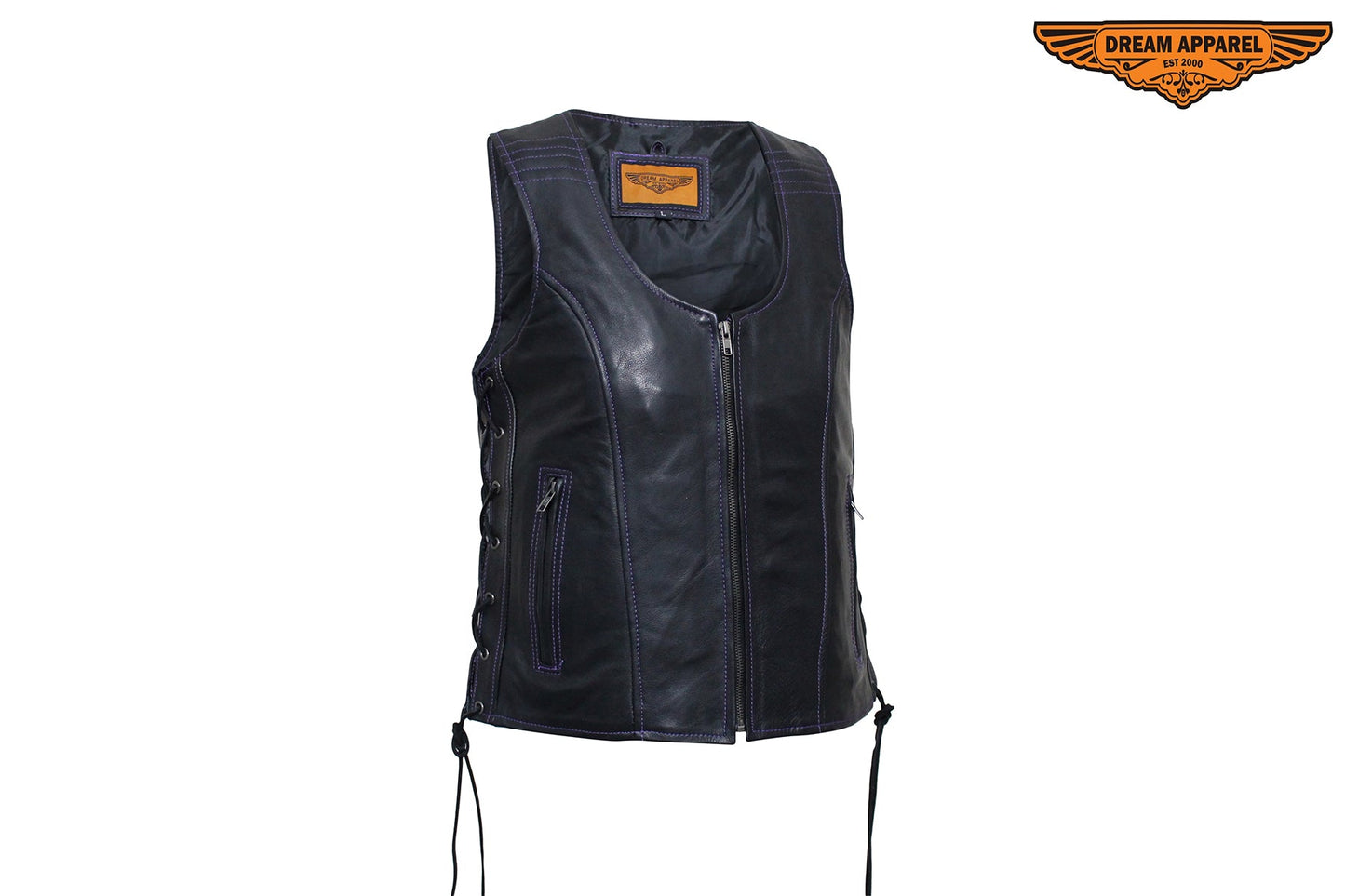 Dream Apparel Women's Naked Black and Purple Motorcycle Leather vest