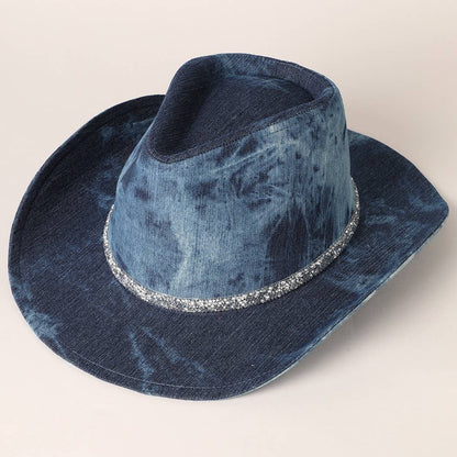 Shiny Rhinestone Band Denim Cowboy Hat: DENIM BLUE / ONE SIZE