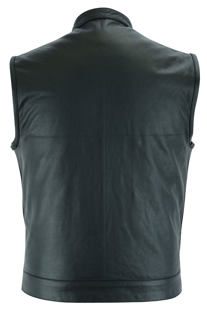 Urban Edge Motorcycle Leather Vest - Snap Closure, Scoop Collar & Hidden Zipper