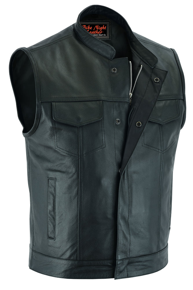 Urban Edge Motorcycle Leather Vest - Snap Closure, Scoop Collar & Hidden Zipper