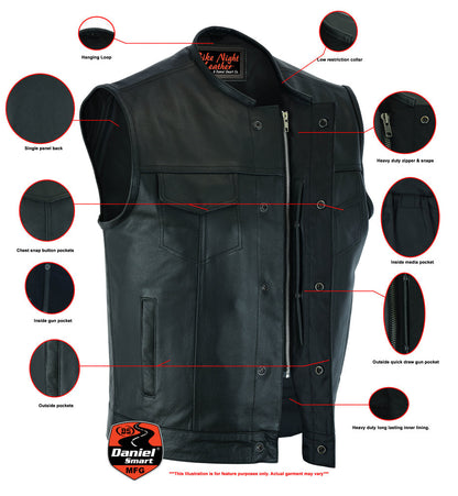 Nomad Motorcycle Leather Vest - Snap Closure, No Collar & Hidden Zipper