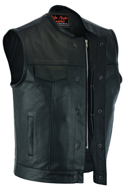 Nomad Motorcycle Leather Vest - Snap Closure, No Collar & Hidden Zipper