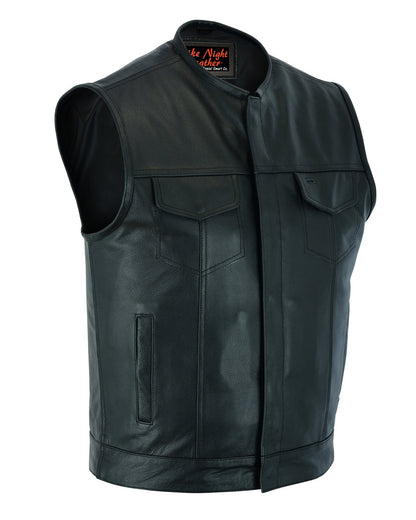 Nomad Motorcycle Leather Vest - Snap Closure, No Collar & Hidden Zipper