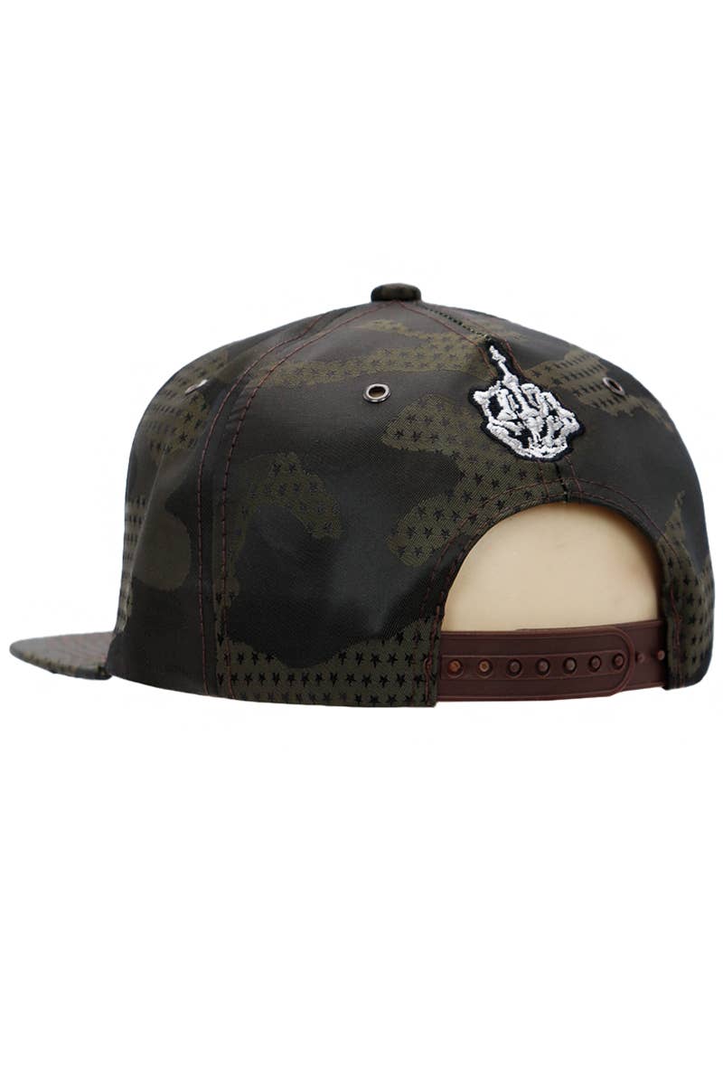 Middle Finger Star Camo Poly Fabric Six Panel Snapback: Black Camo