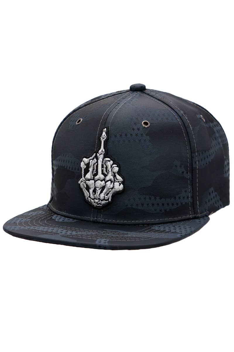 Middle Finger Star Camo Poly Fabric Six Panel Snapback: Black Camo