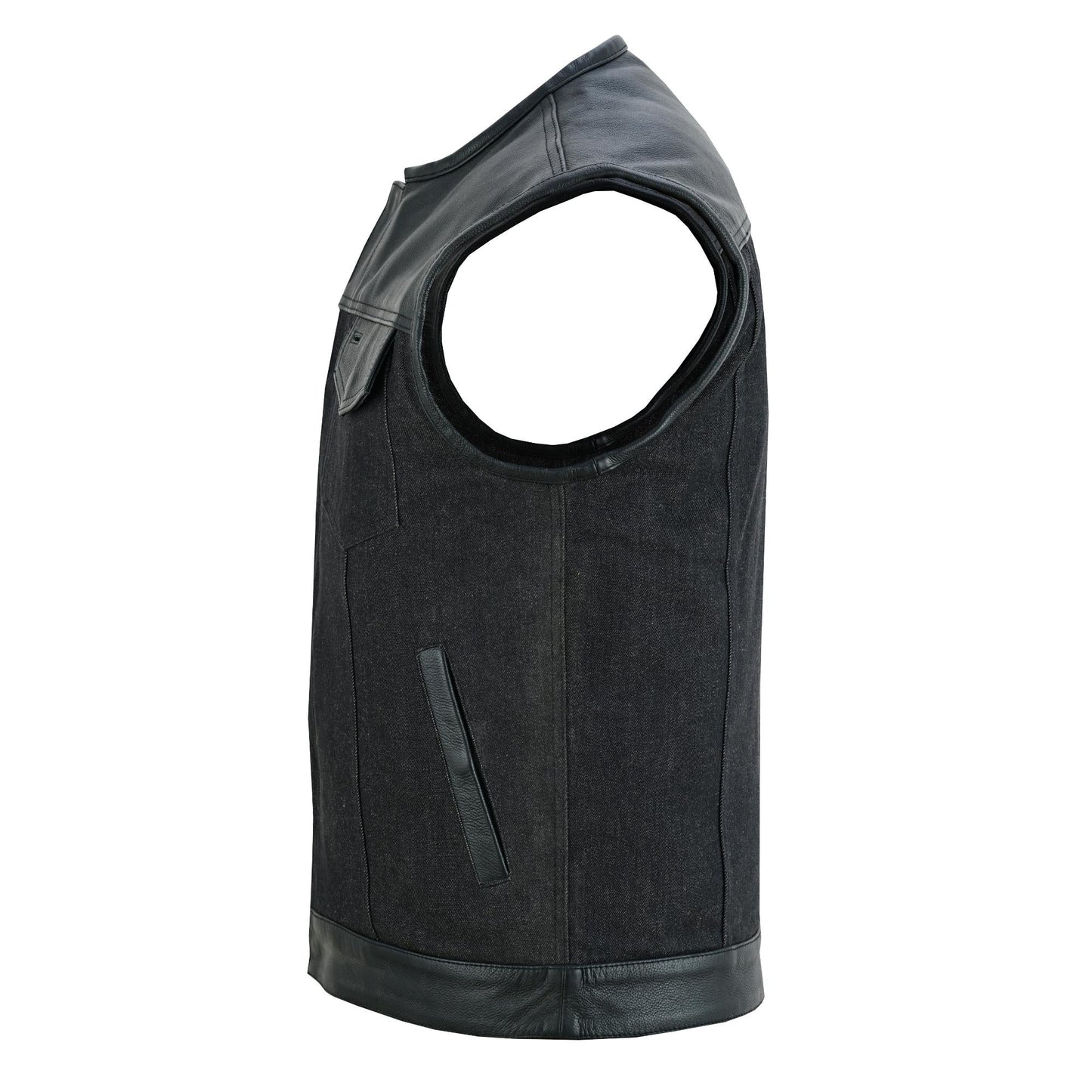 Men's Leather/Denim Combo Vest Without Collar