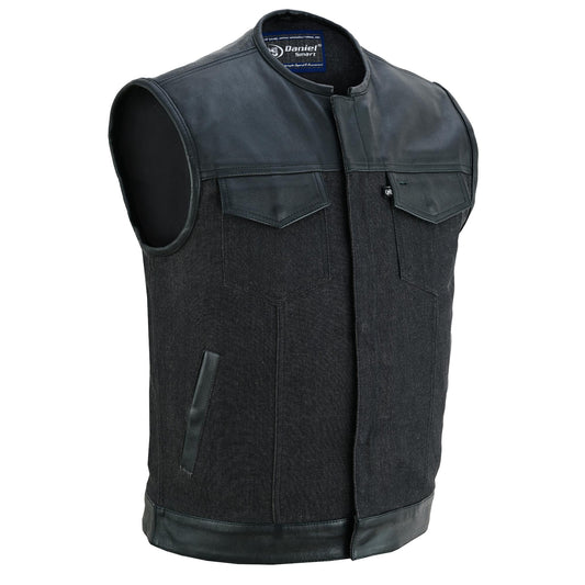 Men's Leather/Denim Combo Vest Without Collar