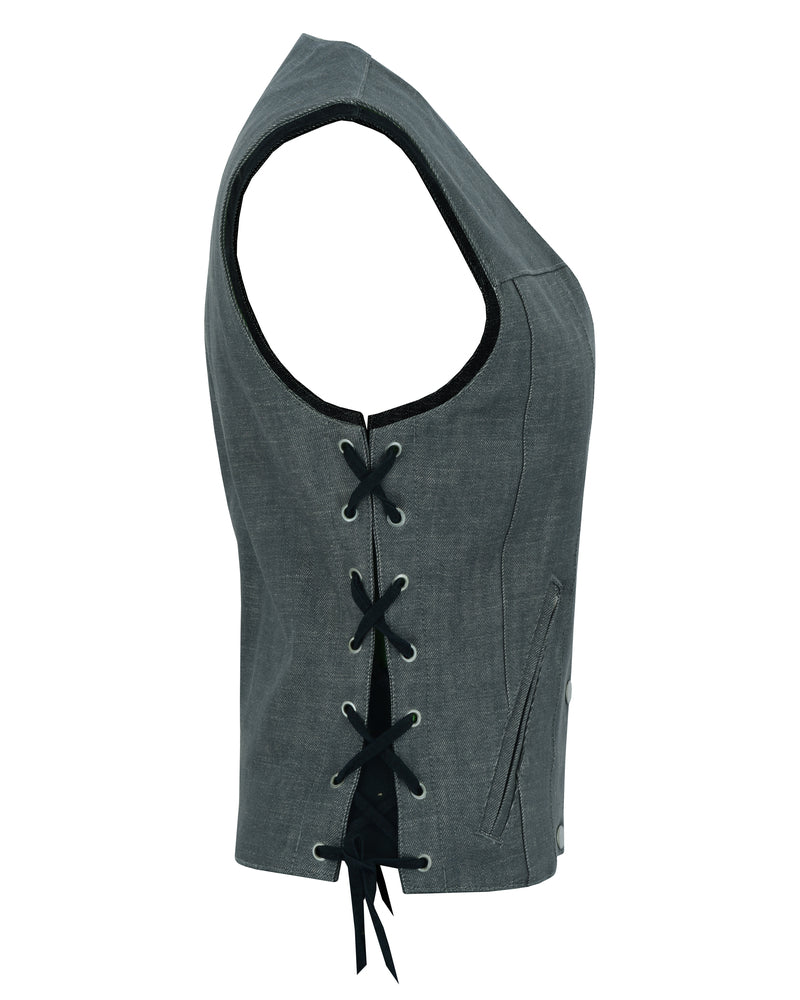 Women's Rough Rub-Off Raw Finish Broken Gray Denim Vest