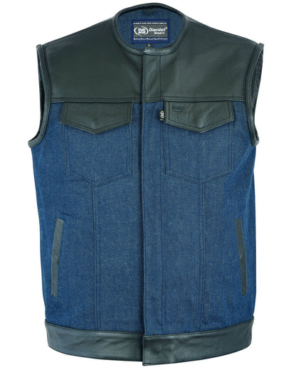 Men's Leather/Denim Combo Vest (Black/Broken Blue)