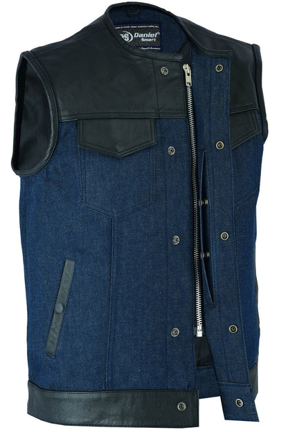 Men's Leather/Denim Combo Vest (Black/Broken Blue)