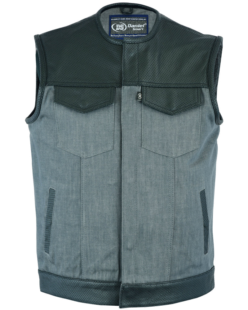 Men's Perforated Leather/Denim Combo Vest (Black/ Ash Gray)