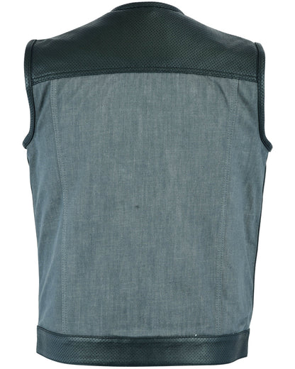 Men's Perforated Leather/Denim Combo Vest (Black/ Ash Gray)