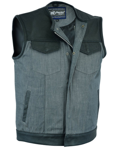 Men's Perforated Leather/Denim Combo Vest (Black/ Ash Gray)