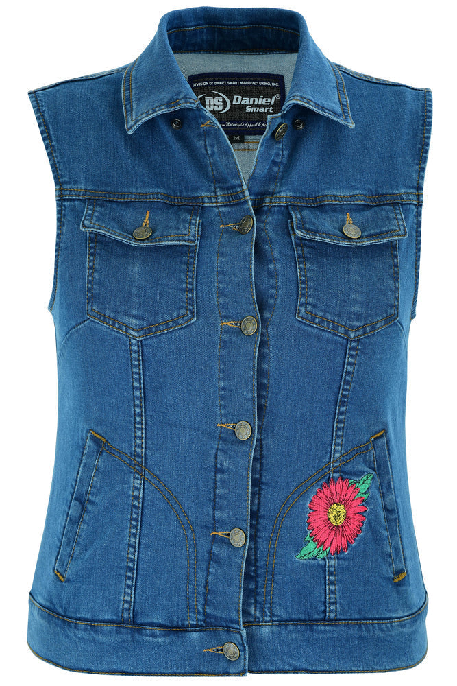 Women's Blue Denim Snap Front Vest with Red Daisy