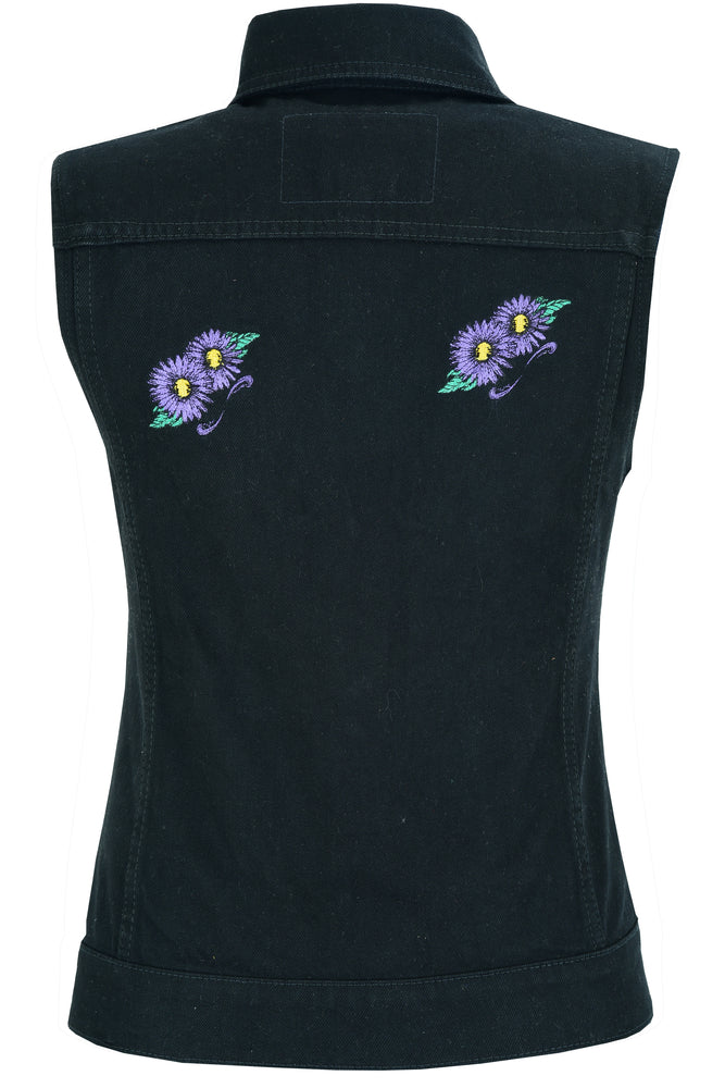 Women's Black Denim Snap Front Vest with Purple Daisy