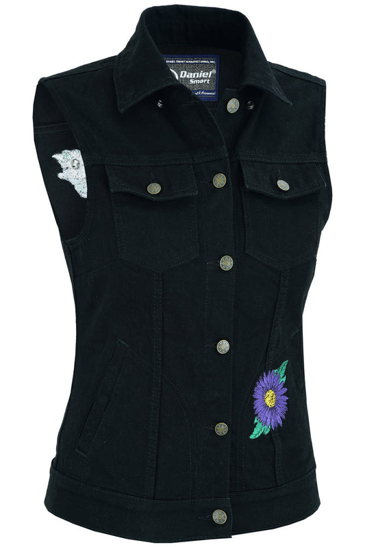 Women's Black Denim Snap Front Vest with Purple Daisy