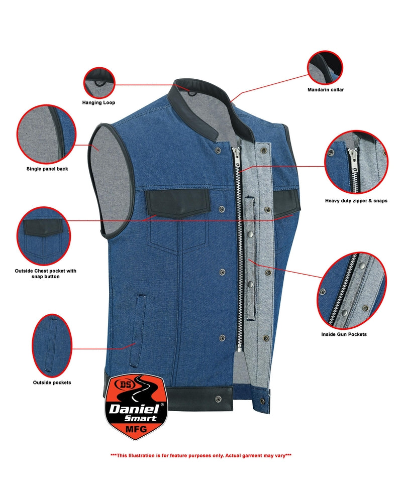 Men's Broken Blue RoughRub-Off Raw Finish Denim Vest W/Leather