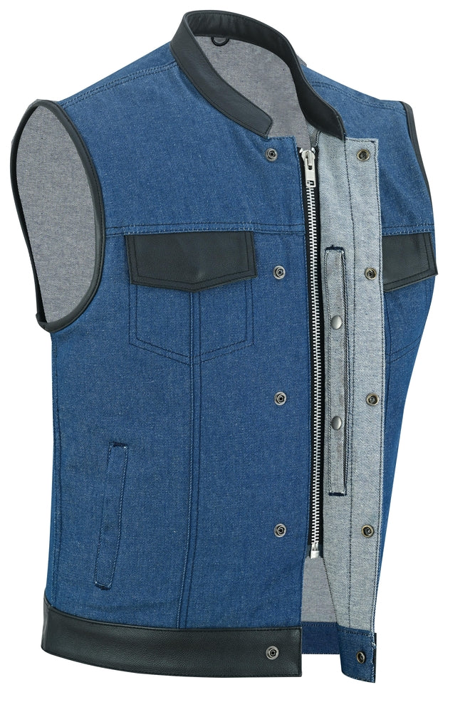 Men's Broken Blue RoughRub-Off Raw Finish Denim Vest W/Leather