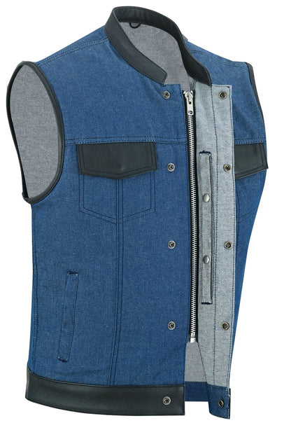 Men's Broken Blue RoughRub-Off Raw Finish Denim Vest W/Leather