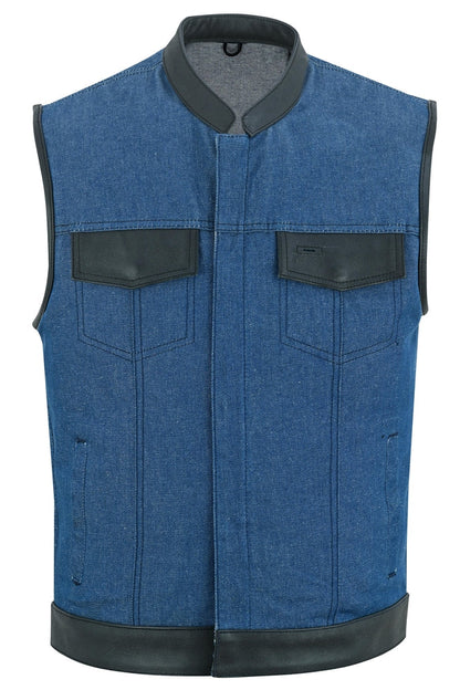 Men's Broken Blue RoughRub-Off Raw Finish Denim Vest W/Leather