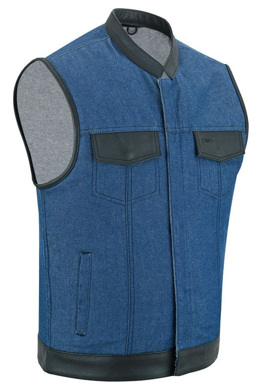 Men's Broken Blue RoughRub-Off Raw Finish Denim Vest W/Leather