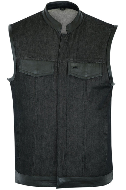 Men's Rough Rub-Off Raw Finish Denim Vest W/Leather Trim - Scoop Collar