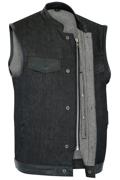 Men's Rough Rub-Off Raw Finish Denim Vest W/Leather Trim - Scoop Collar