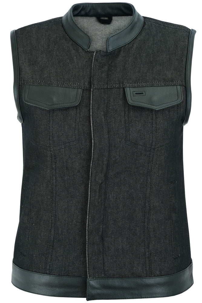 Women's Rough Rub-Off Raw Finish Denim Vest W/Leather Trim