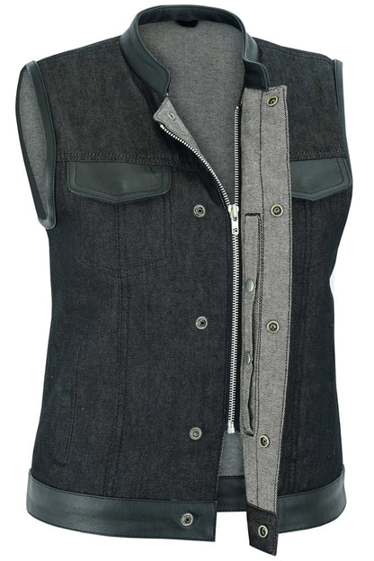 Women's Rough Rub-Off Raw Finish Denim Vest W/Leather Trim