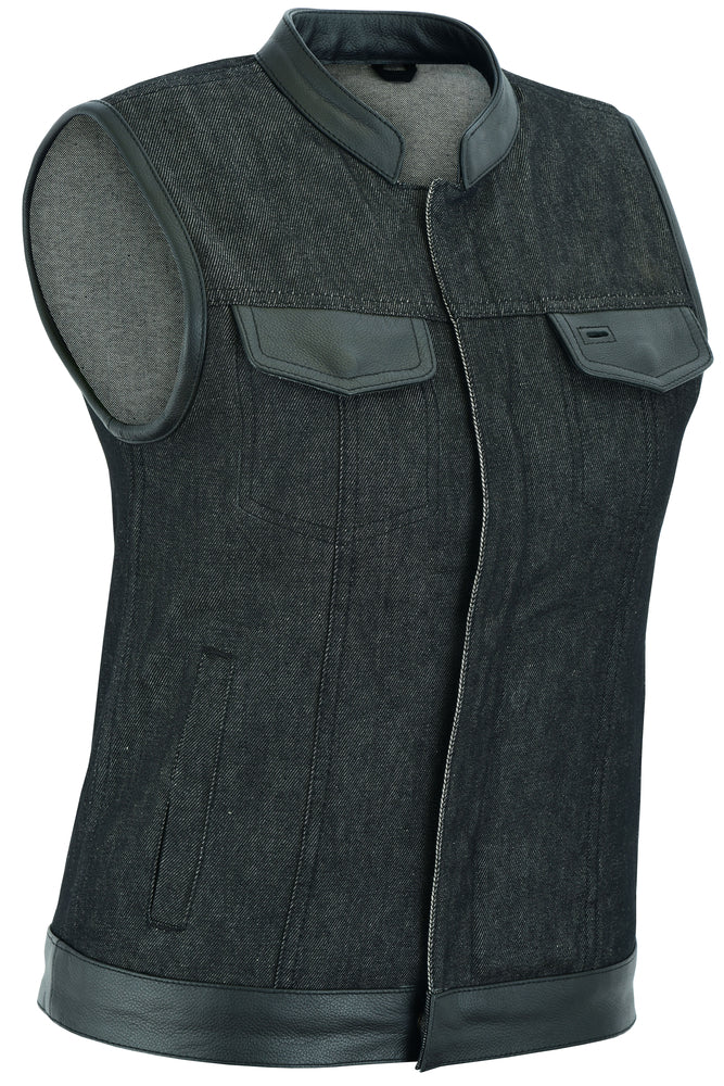 Women's Rough Rub-Off Raw Finish Denim Vest W/Leather Trim