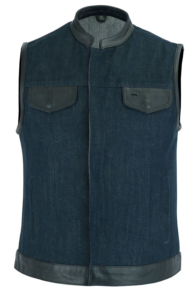 Women's Broken Blue Rough Rub-Off Raw Finish Denim Vest W/Leather Trim