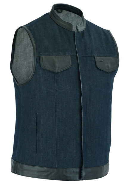 Women's Broken Blue Rough Rub-Off Raw Finish Denim Vest W/Leather Trim