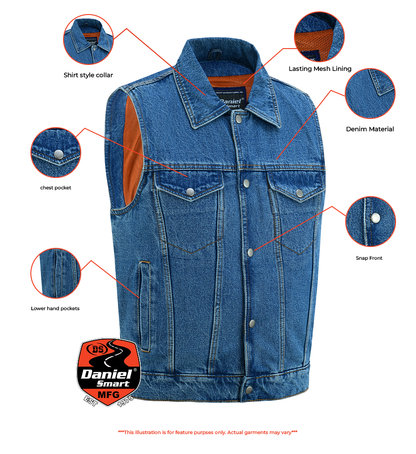 Men's Snap Front Denim Vest- Blue