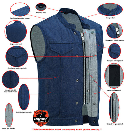 Men's Blue Rough Rub-Off Raw Finish Denim Vest